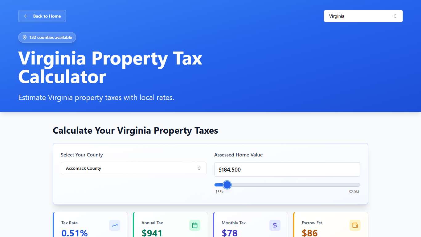 Virginia (VA) Property Tax Calculator 2025-2026